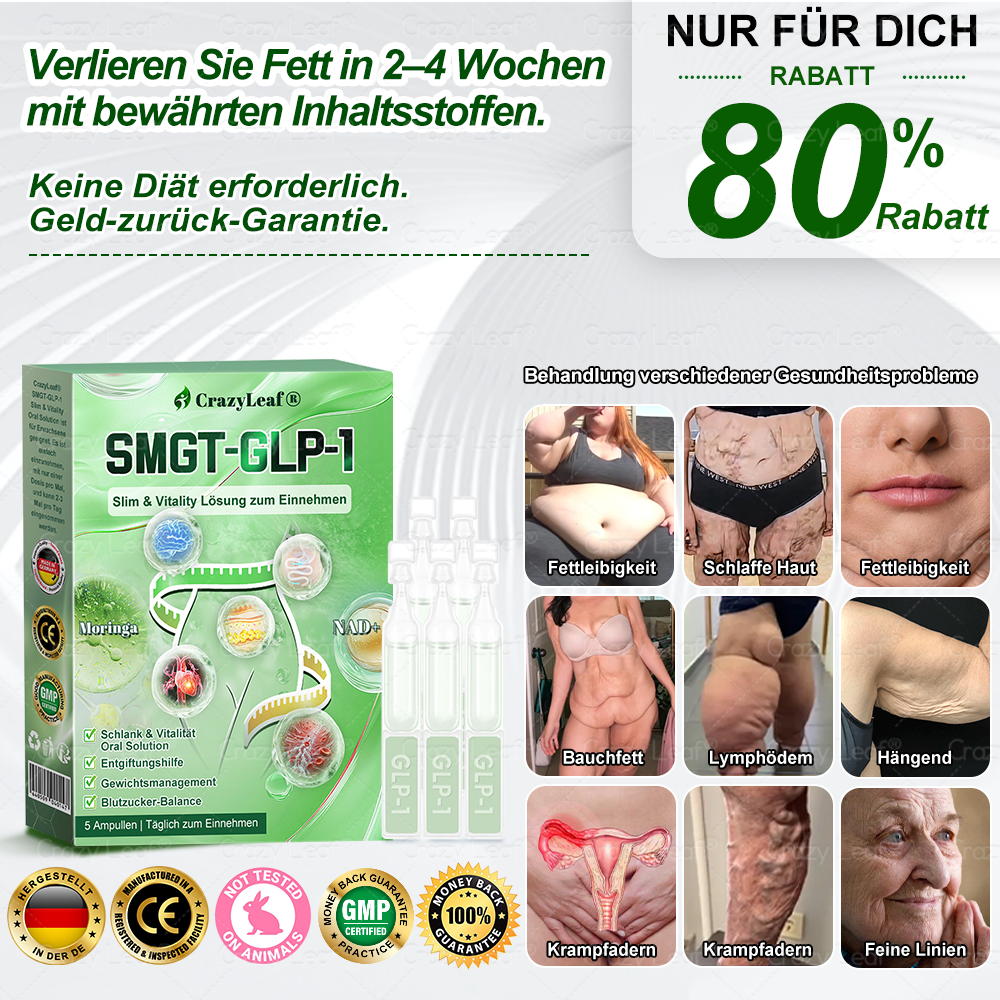 DE Klinisch bewiesen | Offizieller Shop | 𝐂𝒓𝓪𝙯𝙮𝐋𝑒𝑎𝐟® 𝚂𝖬𝐺𝘛-𝘎𝐿𝙋-1 Orallösung gegen Übergewicht, Bluthochdruck, Blutzucker- & Fettleberprobleme, Gelenkschmerzen, Müdigkeit, Energiemangel & schlaffe Haut – für mehr Gesundheit & Vitalität.